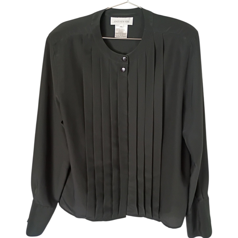 Vintage Jones New York‎ Black Pleated Long Sleeve Blouse 14 Career Top 90s